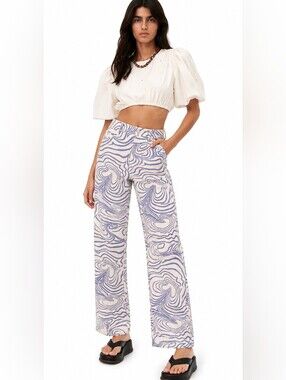 Zara High Waisted Abstract Swirl print Wide Leg Pants Blue Purple Size 2 Y2K BTC
